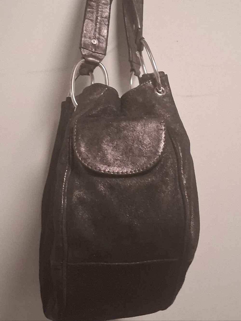 Vintage Y2K Juicy Couture Black Metallic Shimmer Leather Shoulder Bag Hobo